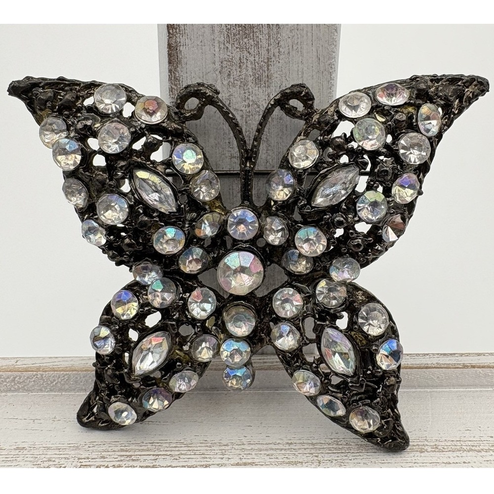 Vintage Aurora Borealis Rhinestone Butterfly Brooch Pin Japanned Black Metal - Picture 2 of 7